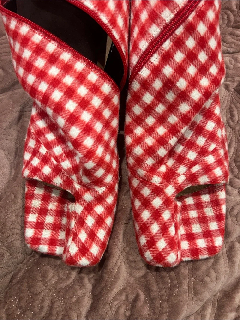 Thigh high Red Gingham Boots with Silver B Heel